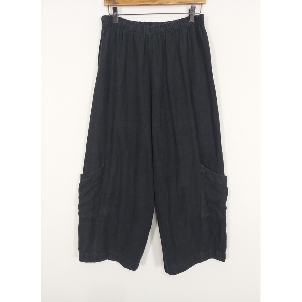 Bryn Walker Casbah Pants M Black Linen Wide Leg Cropped Cargo Pockets Lagenlook